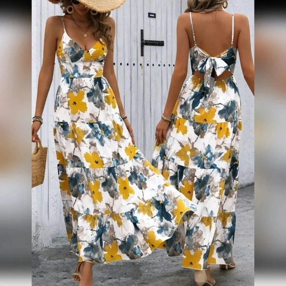 Holiday Style Ombre Flower Print Spaghetti Strap Dress For Summer - Picture 1 of 6